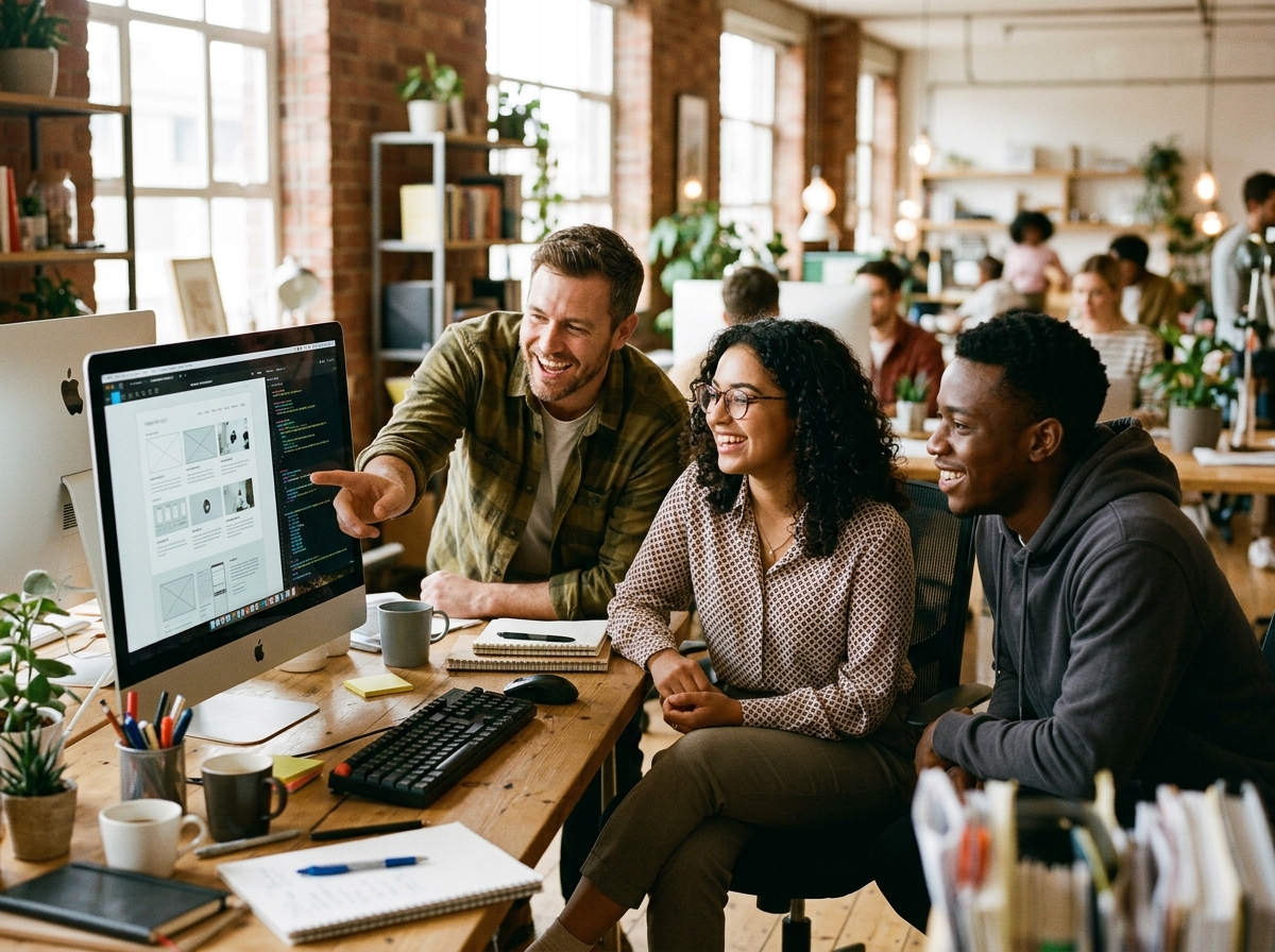 Creative agency team reviewing campaign angles together at a screen