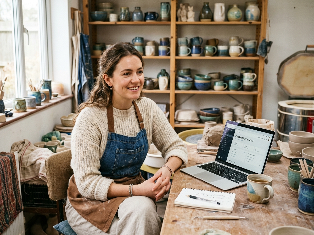 Artisan business owner planning advertising at her studio table